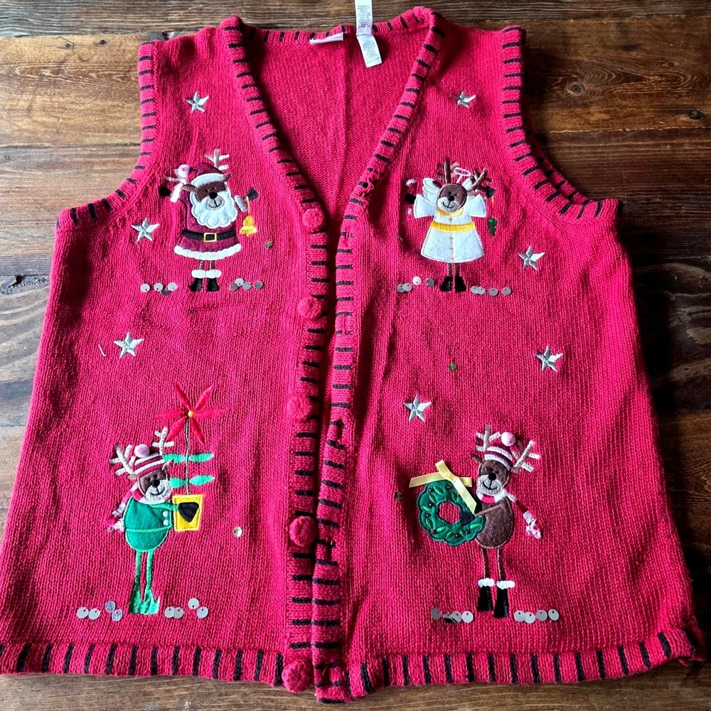 Holiday Editions Womens L/G Christmas Sweater Vest Santa Reindeer‎ Holiday
